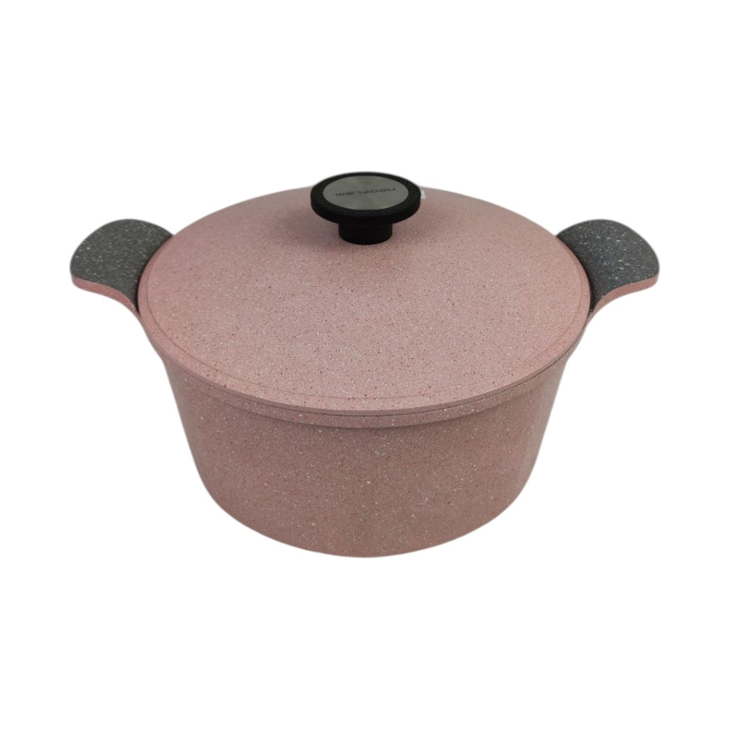 Pink cookware pot with black handles and lid on a white background
