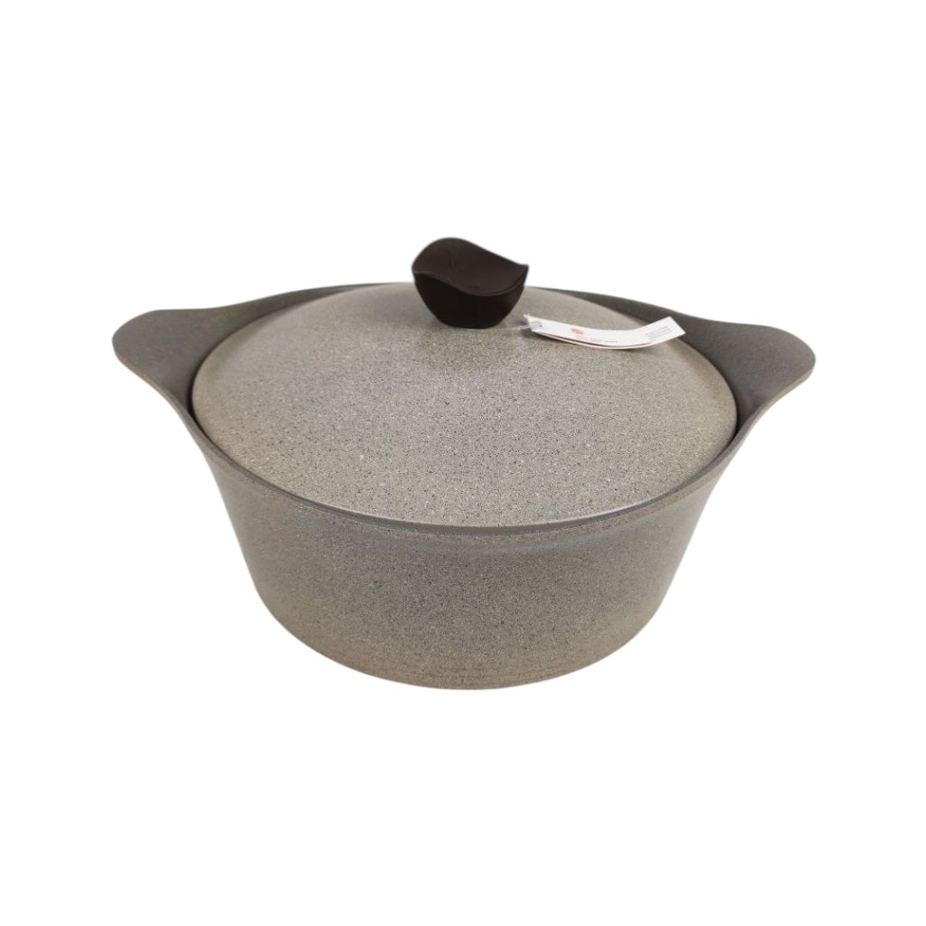 Gray stoneware pot with a lid on a white background