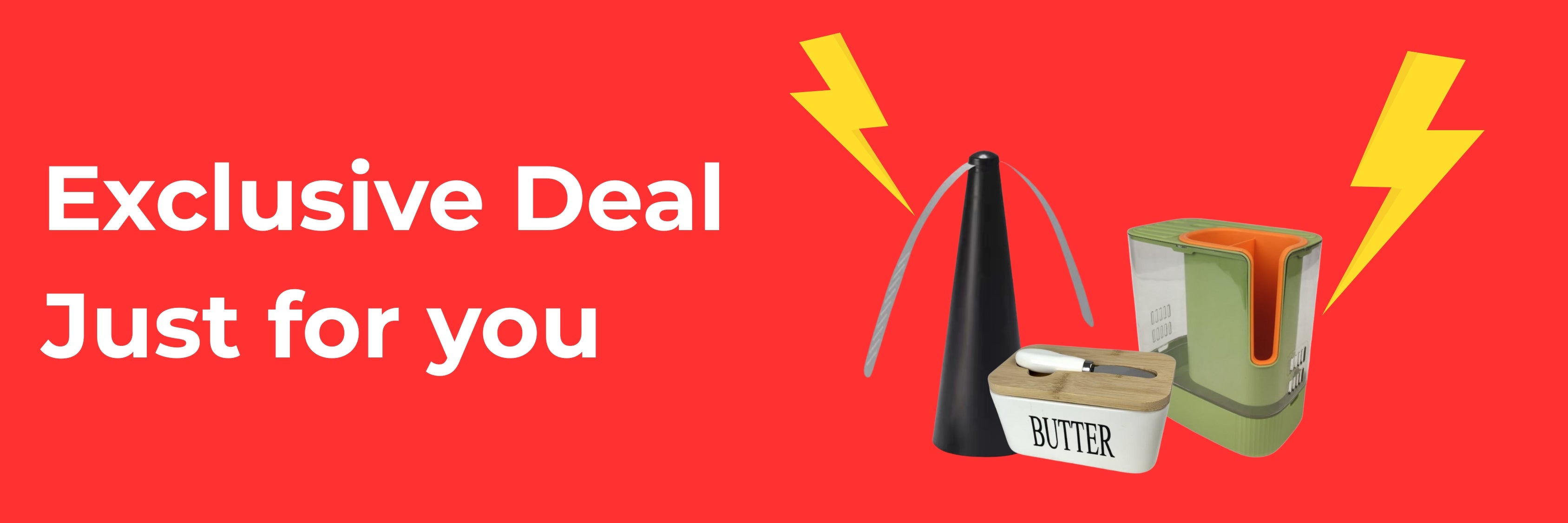 Promotional banner with text 'Exclusive Deal Just for you' and product illustrations on a red background.