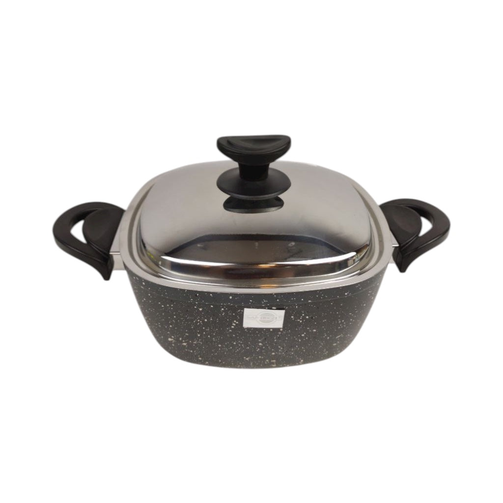 Black speckled cookware pot with a lid on a white background