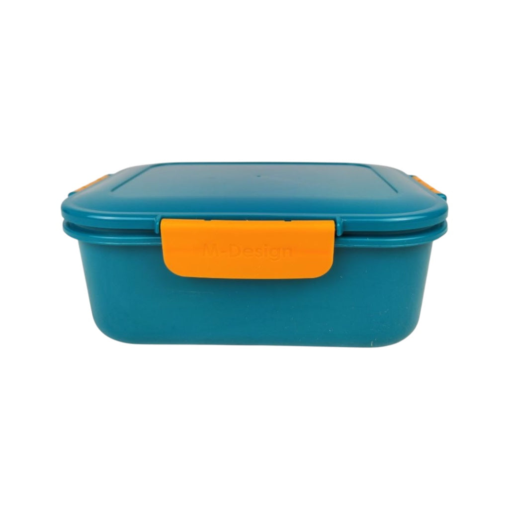 Blue food storage container with an orange handle on a white background