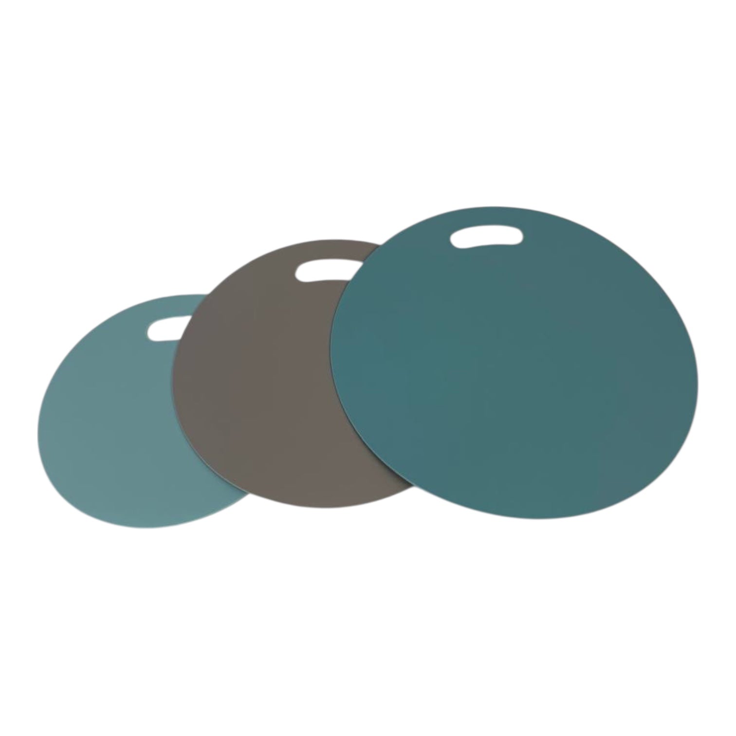 Three circular metal discs in teal, gray, and green on a white background