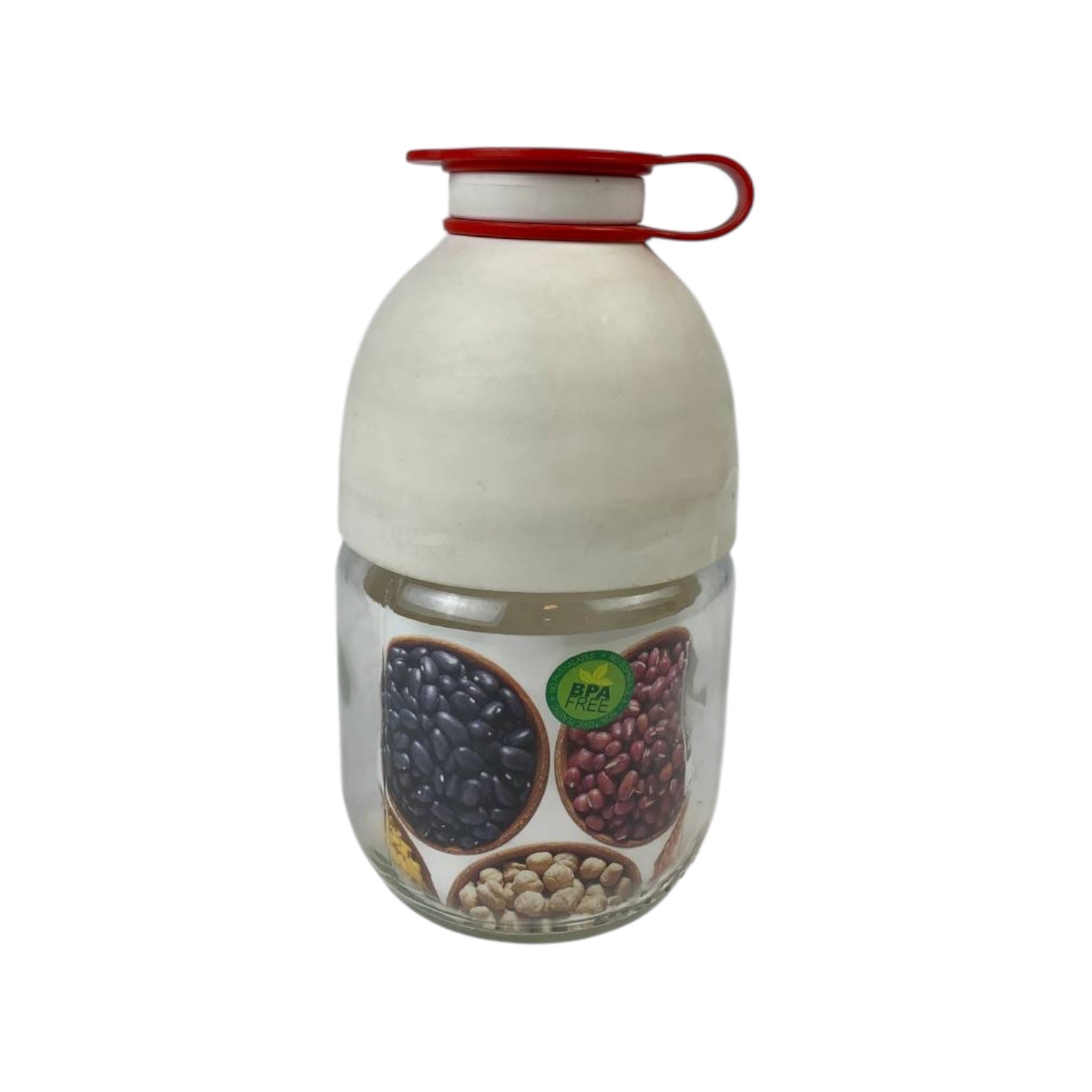 Glass jar with a beige lid and bean design on a white background
