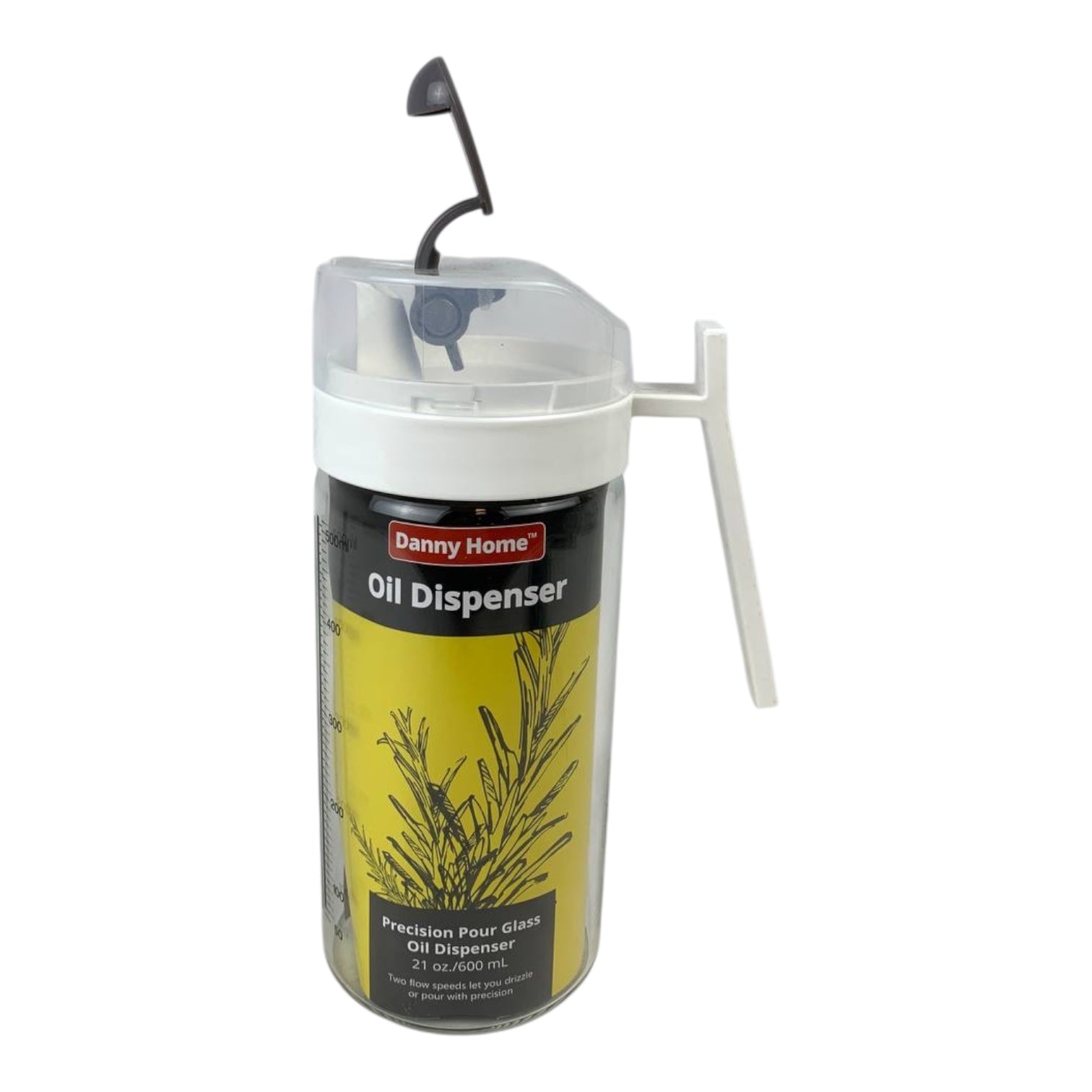 Oil dispenser with yellow label and white cap on a white background