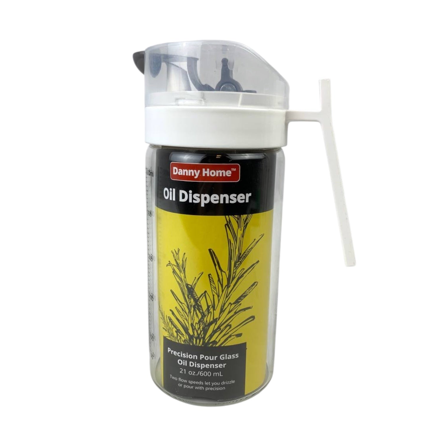 Oil dispenser with yellow label and white cap on a white background