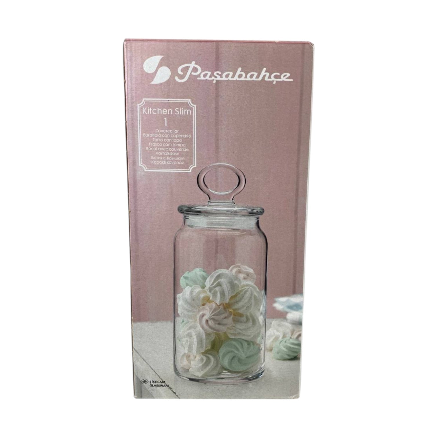 Glass jar with decorative items inside, displayed against a Pasabahce branded box on a white background.