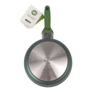 Green frying pan with a visible brand logo on a white background
