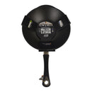Black frying pan with a handle on a white background