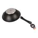 Black frying pan with a handle on a white background