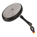 Round frying pan with a handle and a brand label on a white background