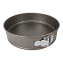 Metal springform pan with a release lid on a white background
