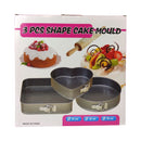Box of 3-piece cake mold set with heart, square, and round shapes on a white background.