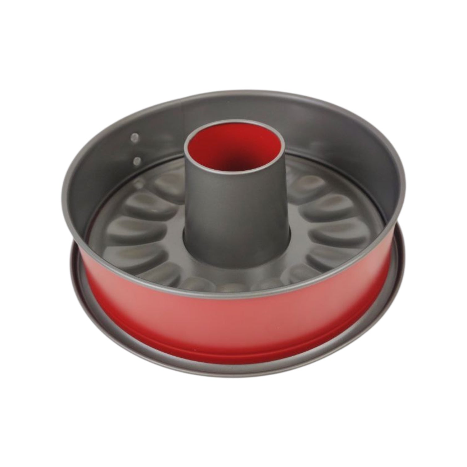 Metal cake pan with red interior on a white background