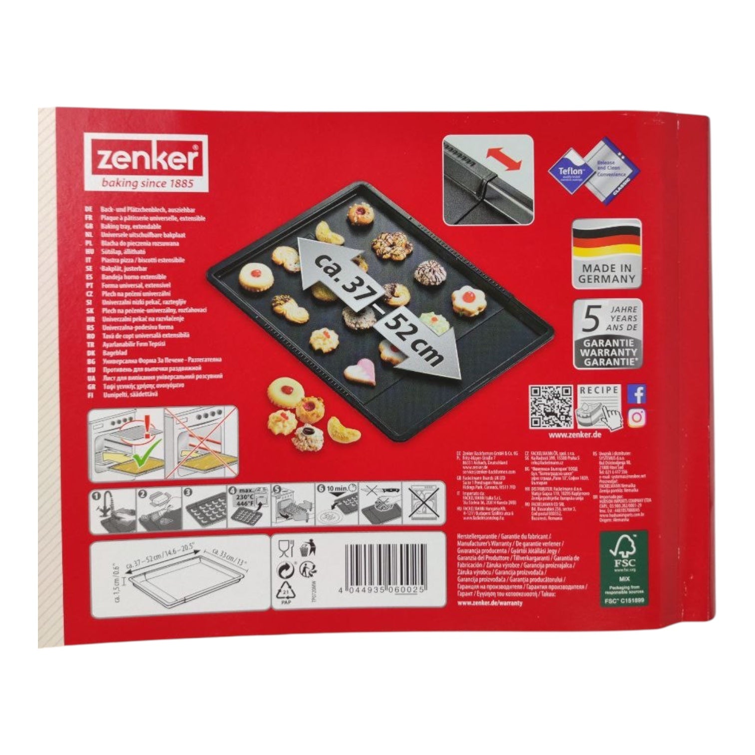 Red packaging of a baking tray with various features and branding on a white background