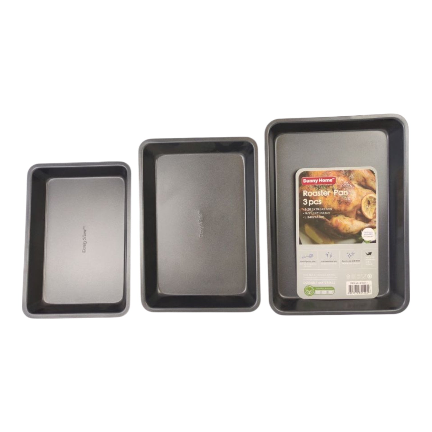 Set of three rectangular baking trays with a package labeled 'GreenPan' on a white background.