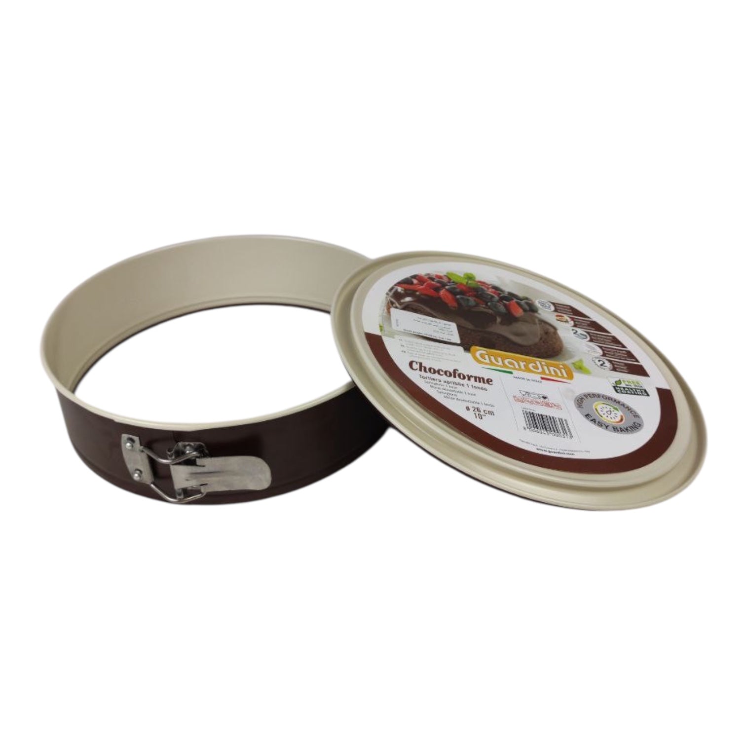 Cake tin with a lid featuring a brand label on a white background