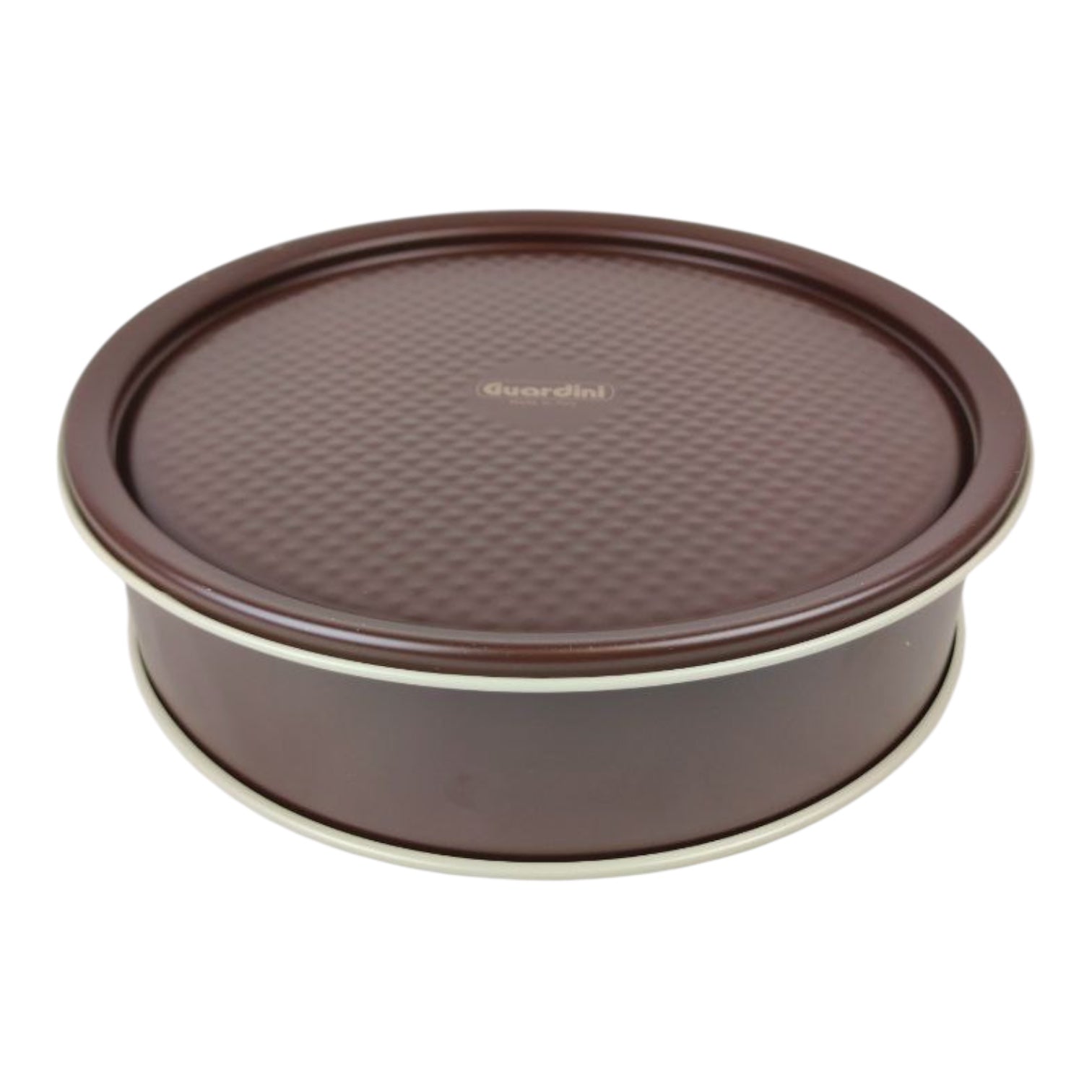 Round brown container with lid on a white background