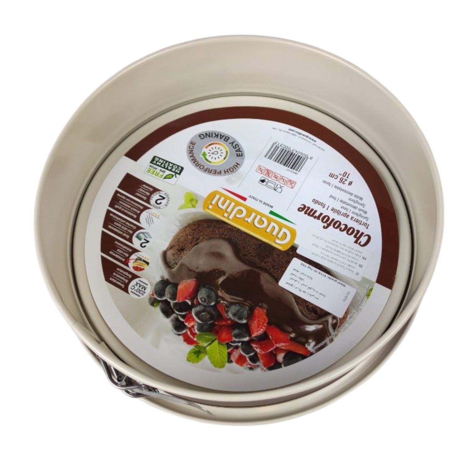 Round cake pan with a chocolate cake label on a white background