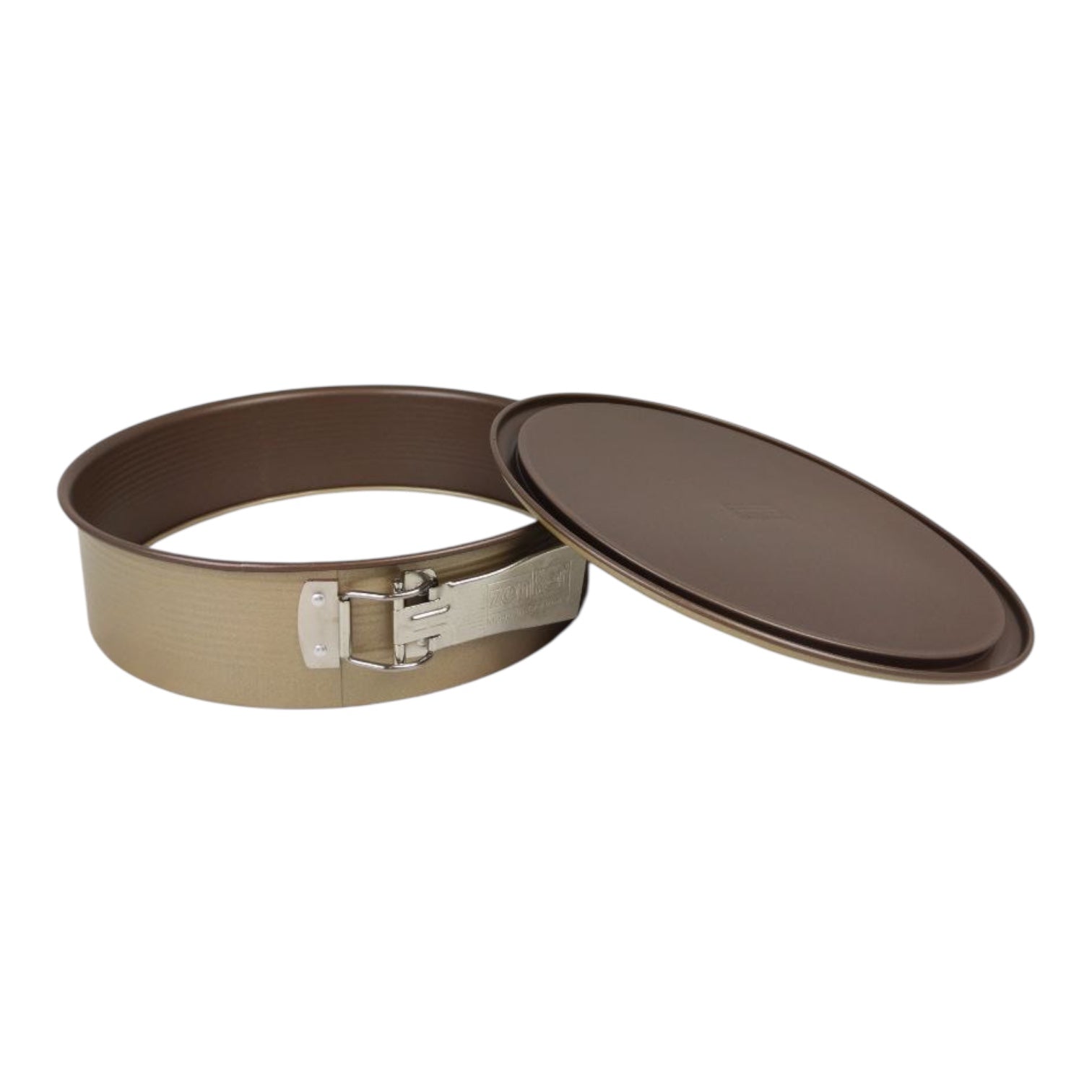 Round metal cake pan with a lid on a white background