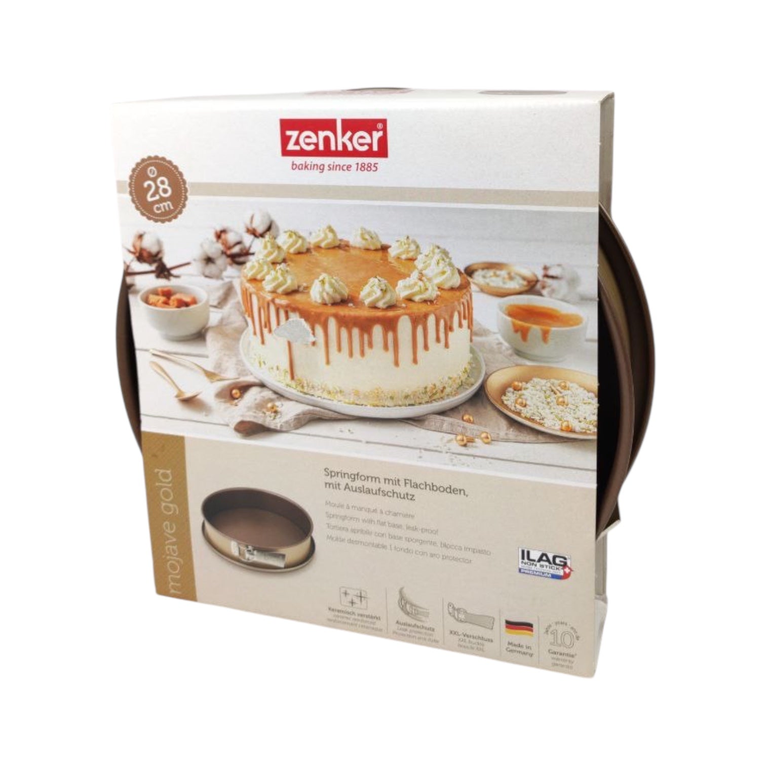 Zenker cake pan packaging with a cake illustration on a white background