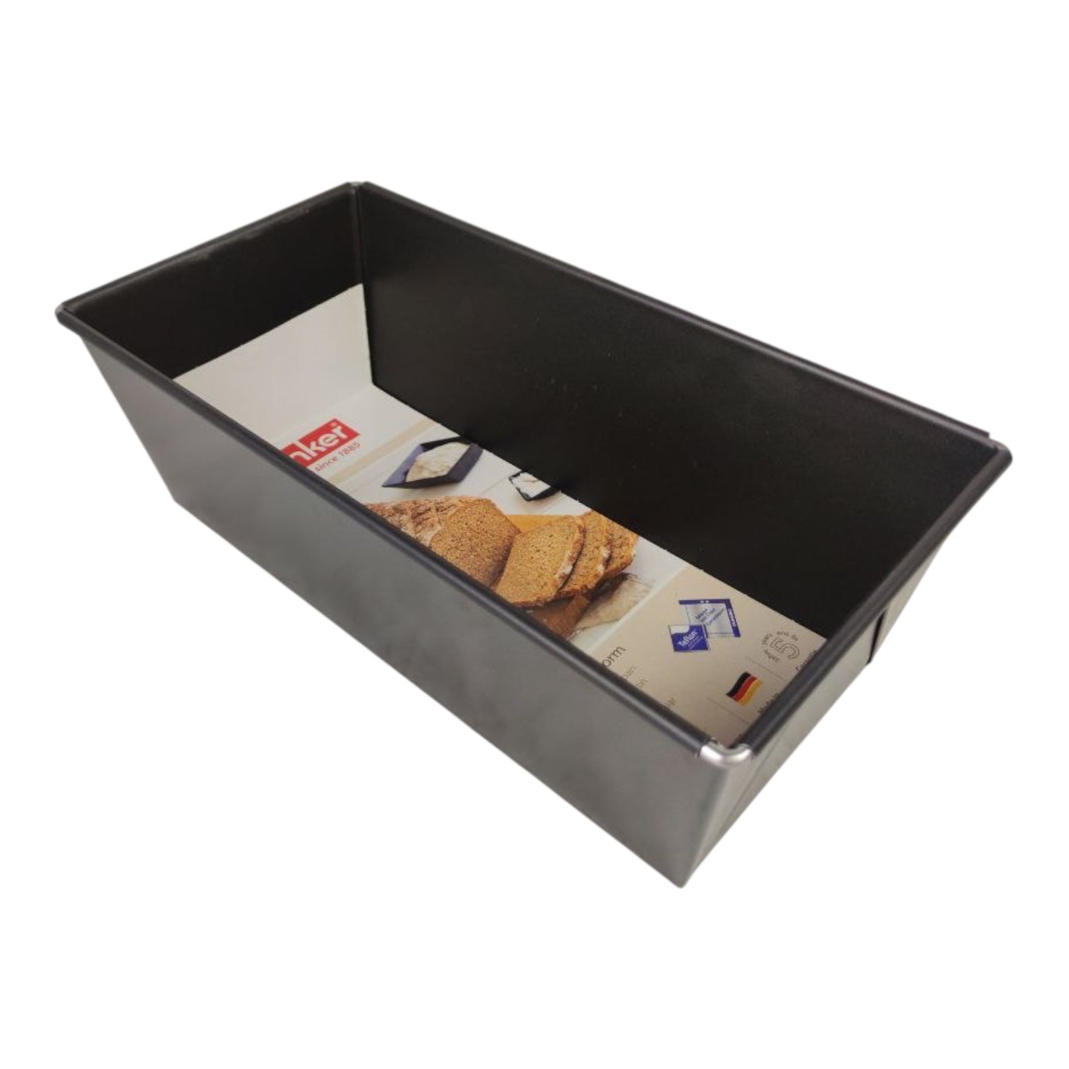 Black metal loaf pan with a brand label on a white background