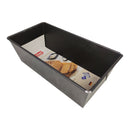 Black metal loaf pan with a brand label on a white background