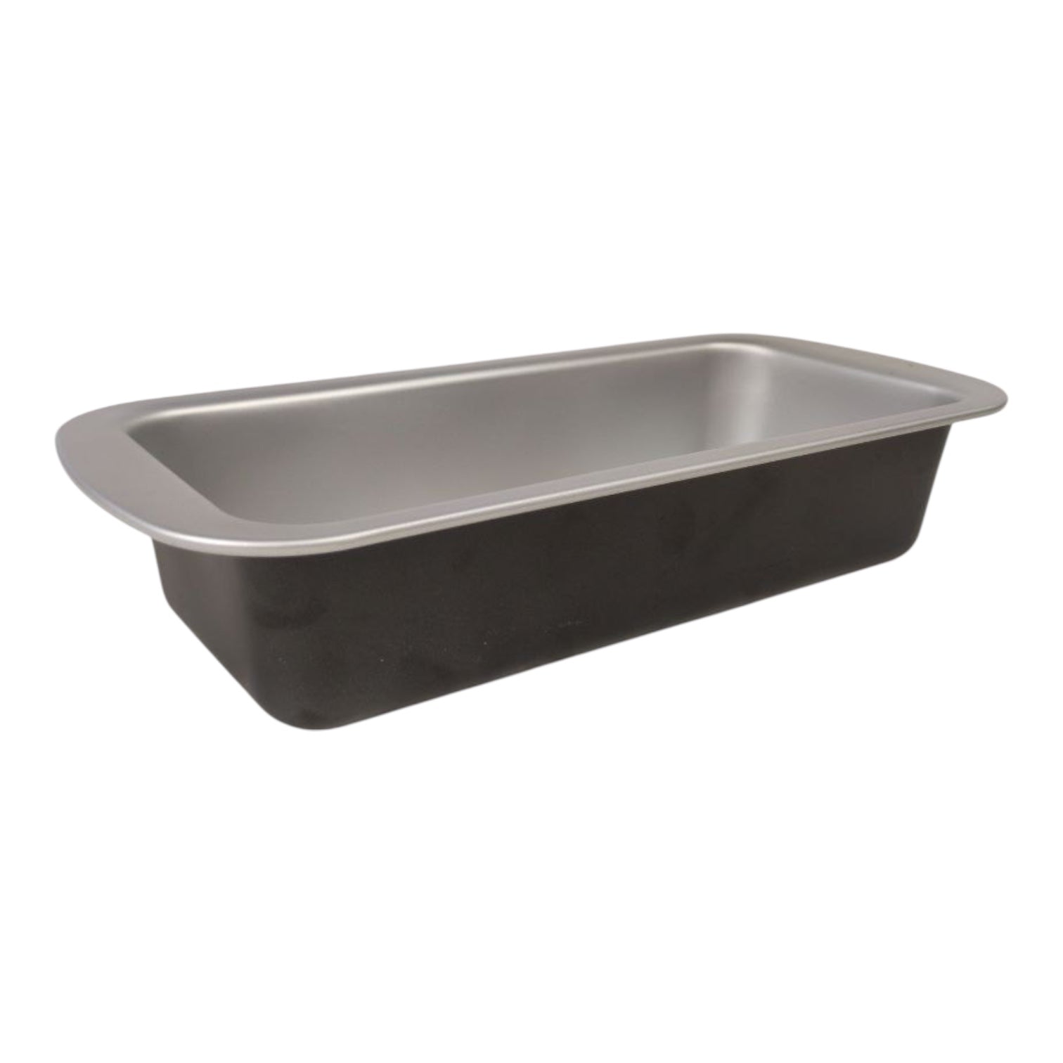 Gray metal loaf pan on a white background