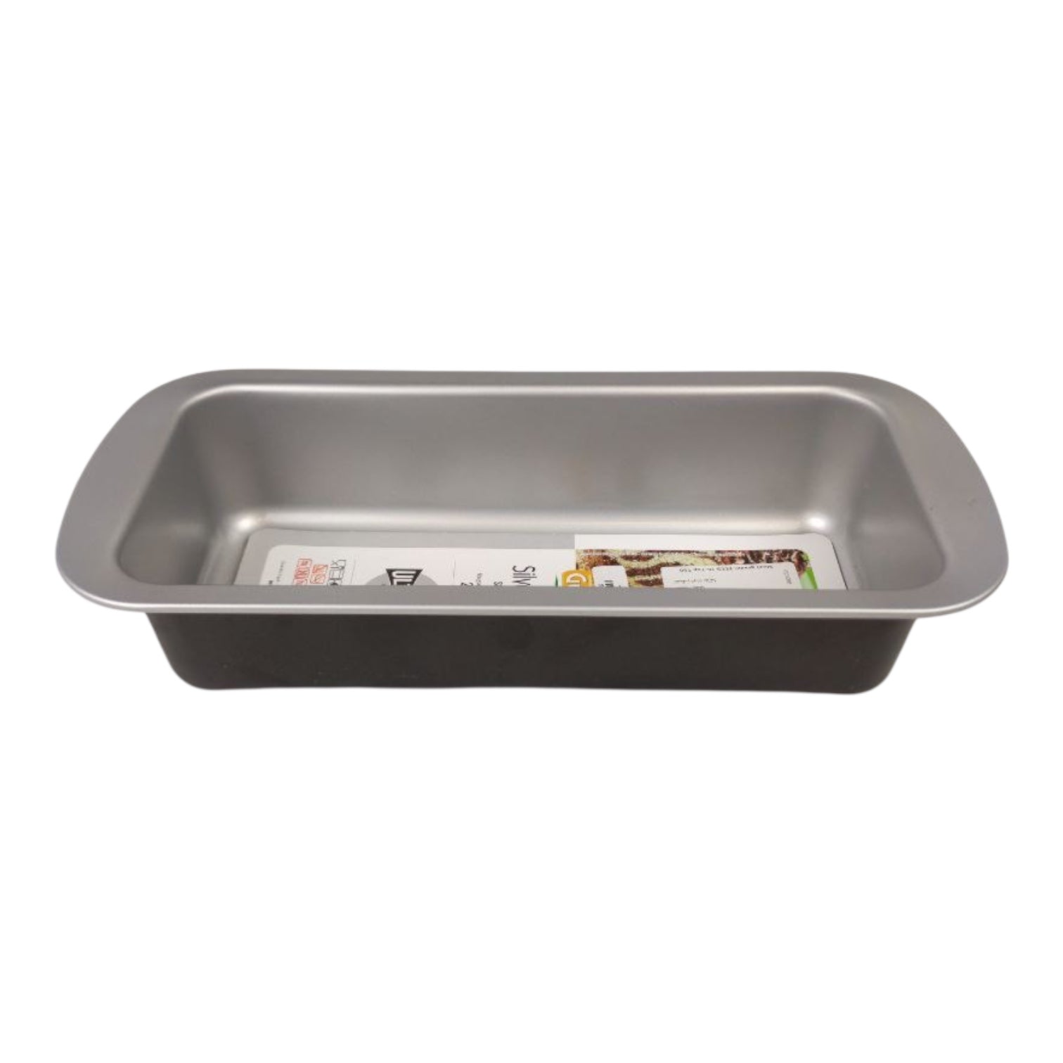 Stainless steel loaf pan on a white background