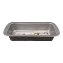 Stainless steel loaf pan on a white background