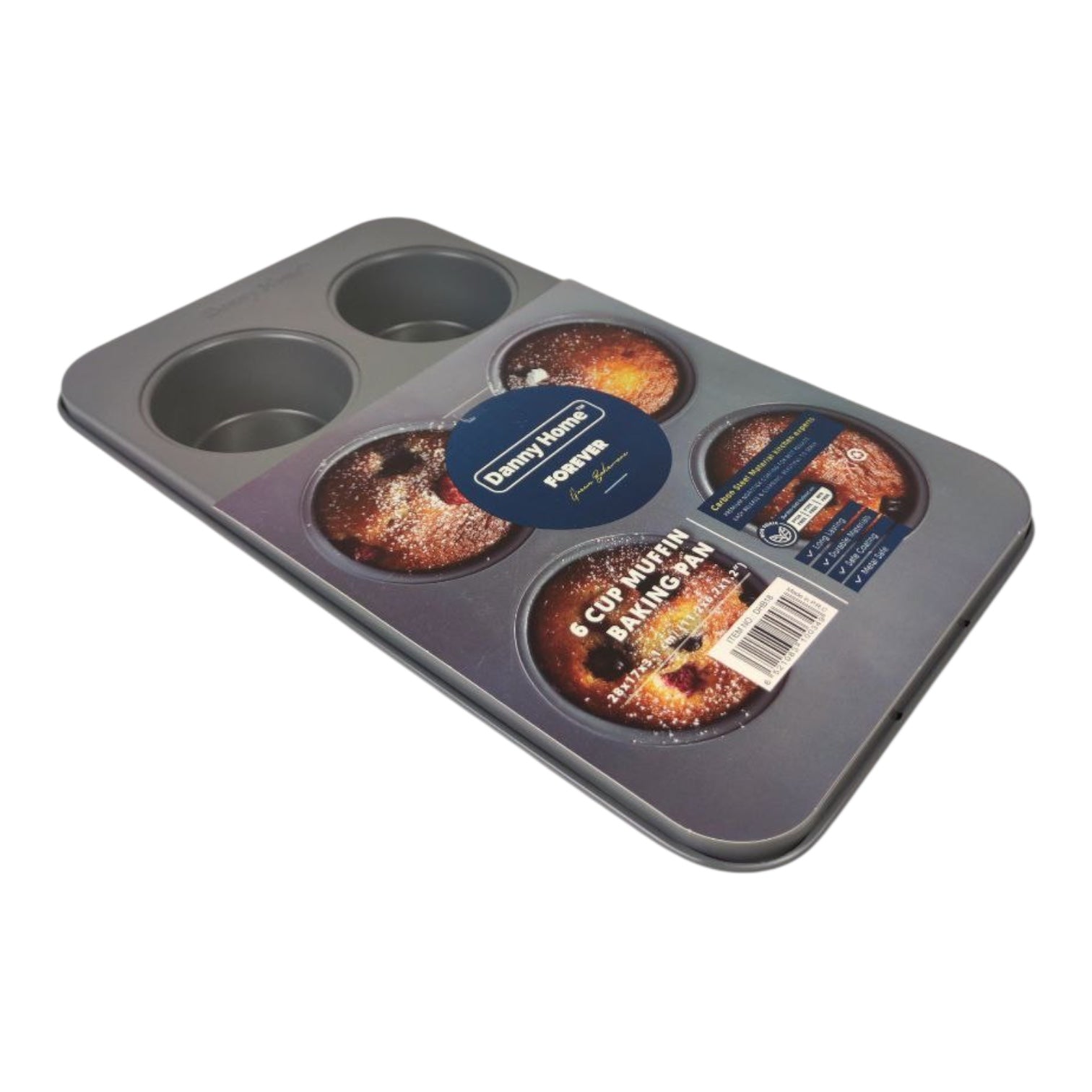 Muffin baking pan with labels on a white background