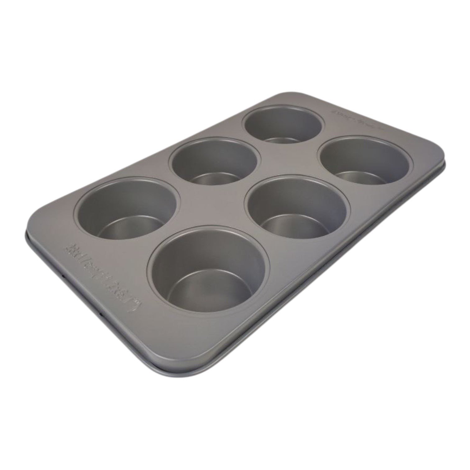 Gray muffin tin with six compartments on a white background