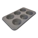 Gray muffin tin with six compartments on a white background