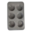 Gray muffin tin with six compartments on a white background