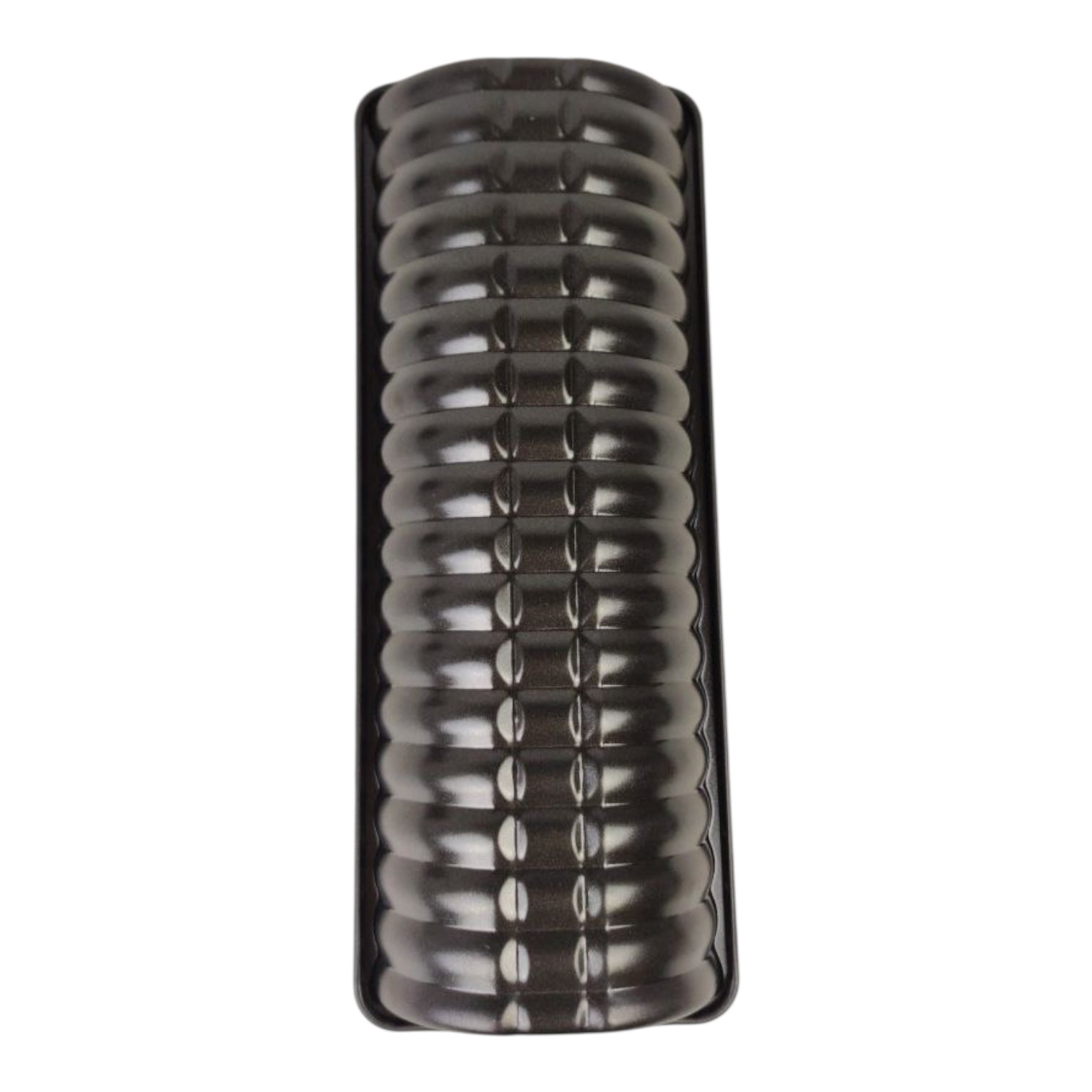 Black ribbed cylindrical object on a white background