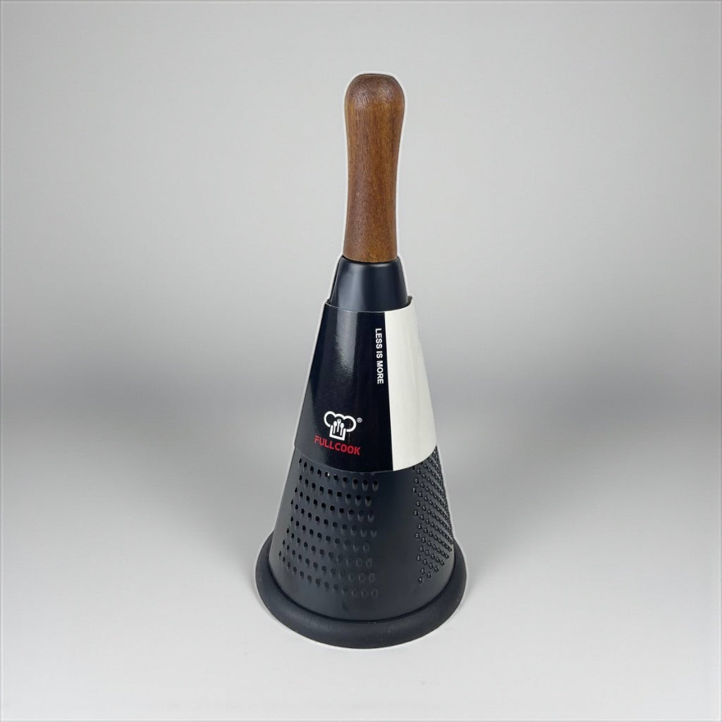 Black and silver kitchen tool with wooden handle on a gray background available at cupindy.com