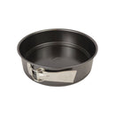 Black metal cake pan with a silver handle on a white background available at cupindy.com