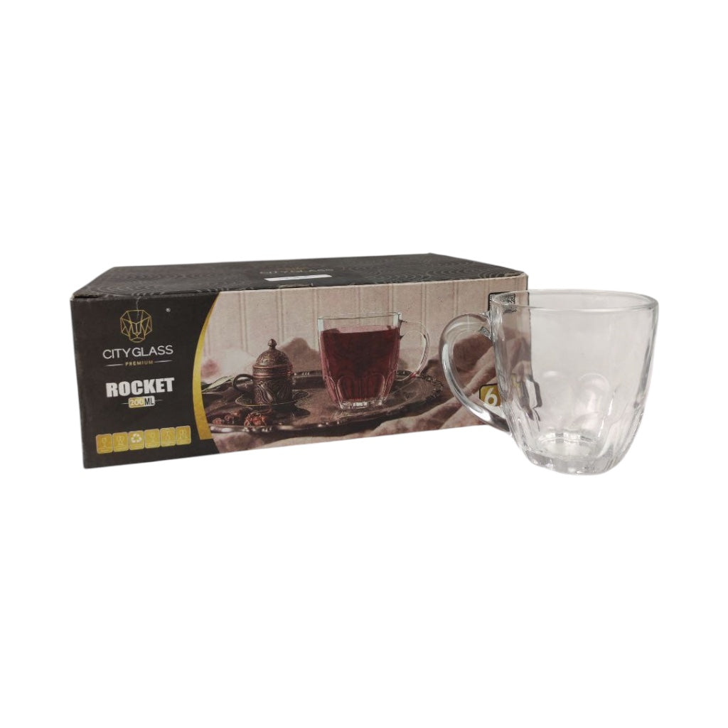 City Glass Rocket 6-Pcs Glass Mugs - 200ml Transparent Tea & Coffee Cups