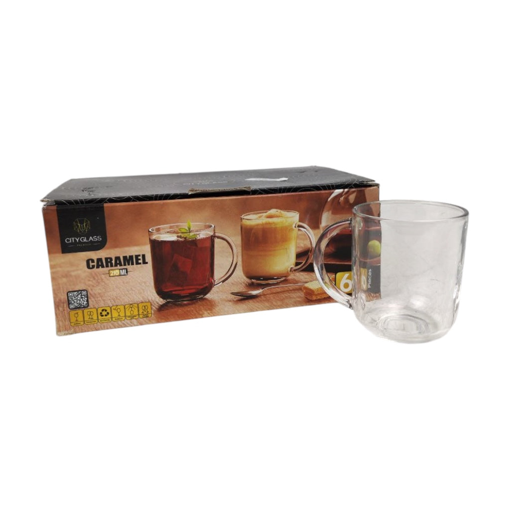 City Glass Caramel 6-Pcs Glass Mugs - 210ml Transparent Coffee & Tea Cups