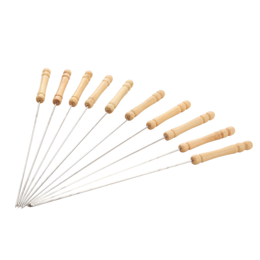 Wood Handle BBQ Skewers Set - Reusable Stainless Steel Grill Sticks For Kabobs And Barbecue