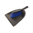 Black dustpan with blue bristles on a white background