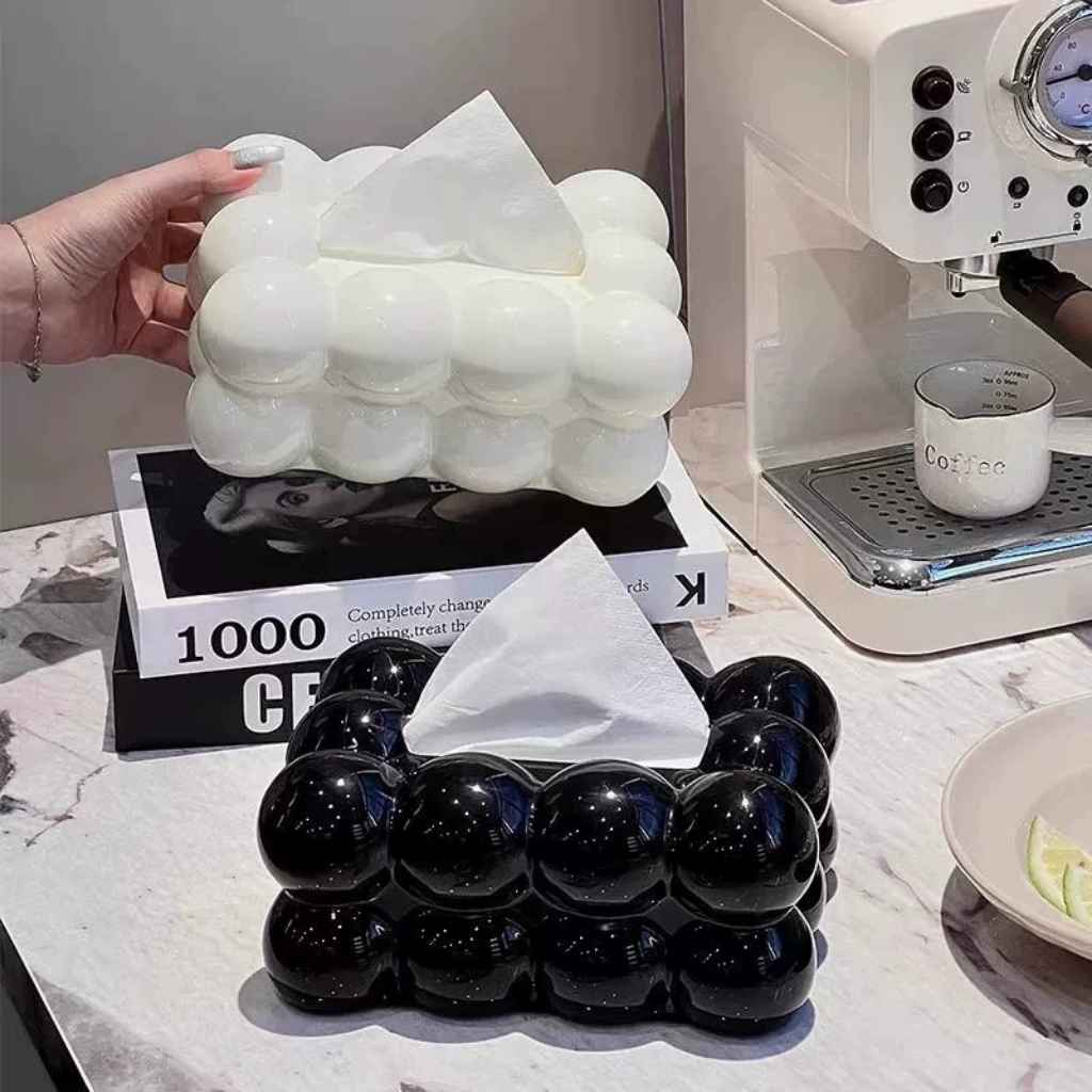 Modern Bubble Tissue Box Cover – Black & White Glossy Decorative Holder For Napkins Or Tissues