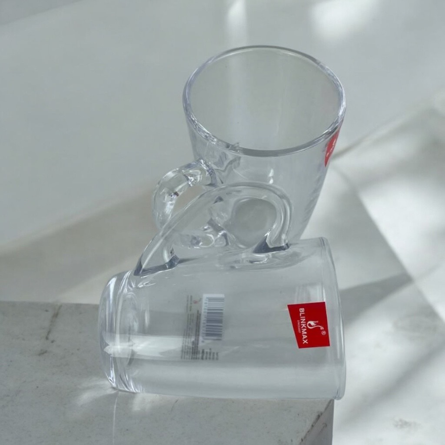 Blinkmax 210ml Glass Mug Set Of 6 - Tall Slim Shape With Ergonomic Handle
