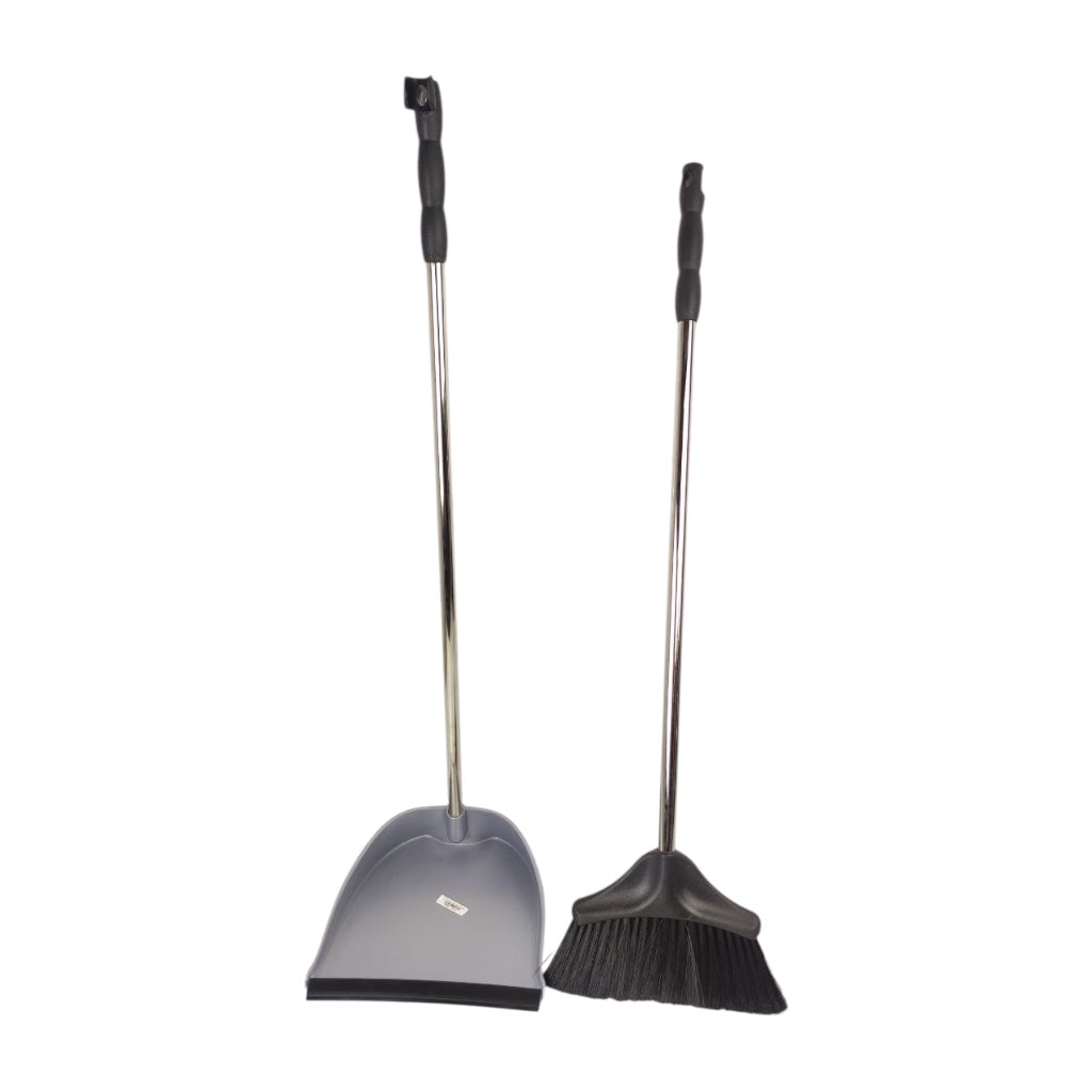 Gray broom and dustpan set on a white background