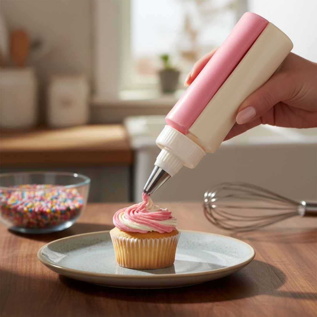 Person using a pink and white icing dispenser to frost a cupcake on a wooden table.