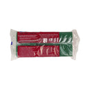 Two green and red packages in clear plastic packaging on a white background