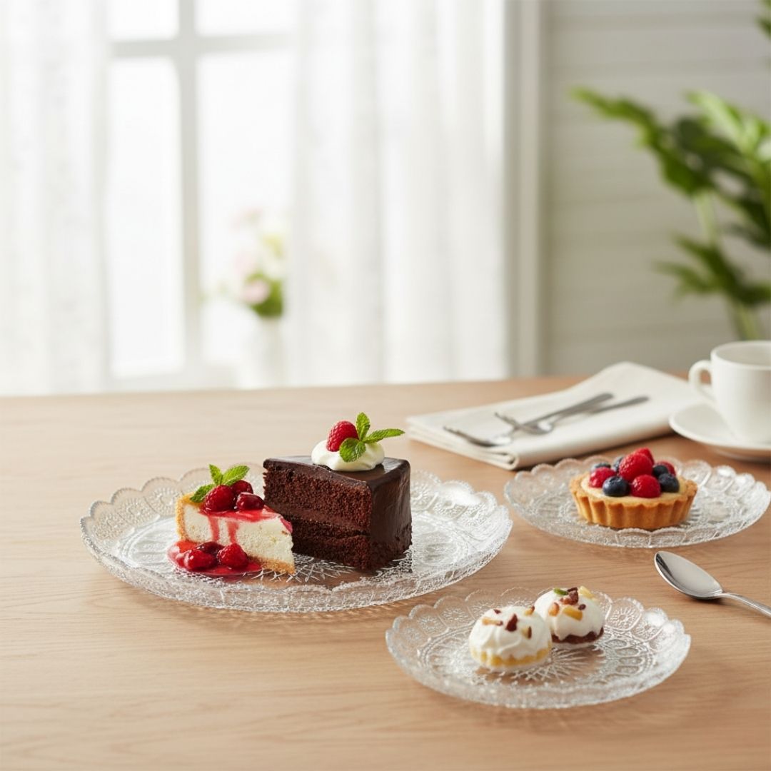 City Glass Bohemia 7-Pcs Serving Set - Crystal-Look Dessert Plates & Tray