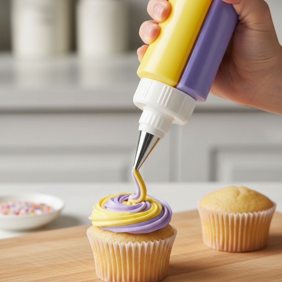 Hand using a yellow and purple icing dispenser to frost a cupcake on a wooden surface.