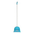 Blue dustpan with long handle on a white background