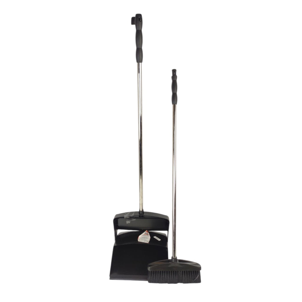 Black broom and dustpan set on a white background