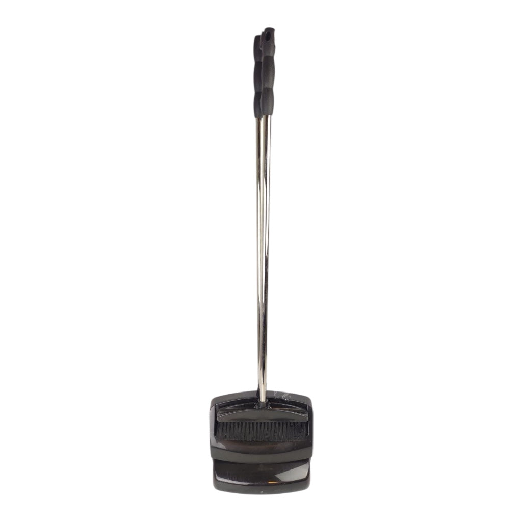 Black dustpan and brush set on a white background